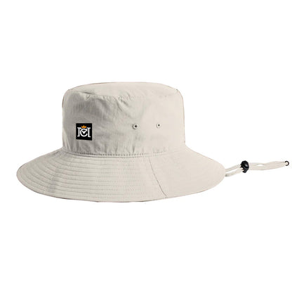 Wide brim nylon bucket hat with trademarked Crown Moto logo patch sewn on front