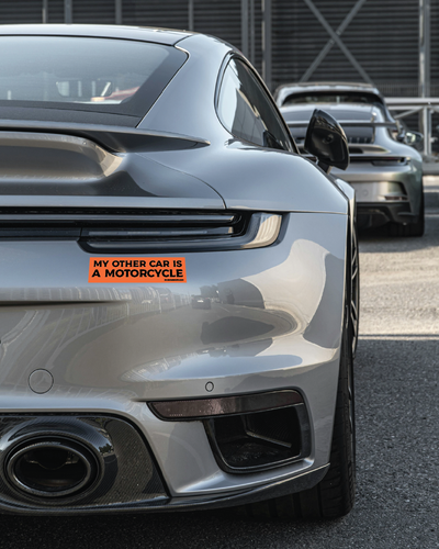 my other car is a motorcycle bumper sticker on a porsche, car stickers, car decals, motorcycles, motorbikes, humor, motorcycle stickers, motorcyclists, orange