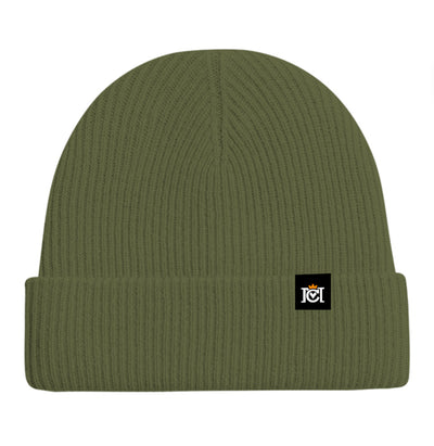 Moss green colored cashmere beanie with a small Crown Moto woven logo patch sewn to top cuff