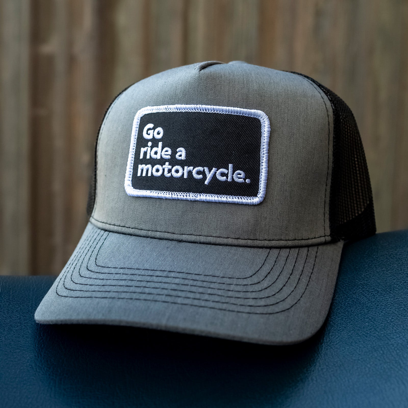 Go ride a motorcycle charcoal gray and black snapback trucker hat, motorcycle hats, motorcycle lifestyle, trucker hat, gifts for him, gifts for riders, gifts for motorcyclists, embroidered patch