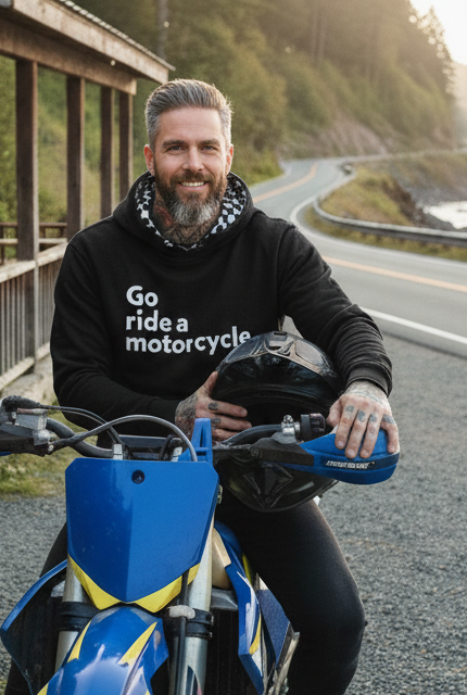 Man sitting on a supermoto motorcycle wearing a "Go ride a motorcycle" hoodie with checkered flag lined hood