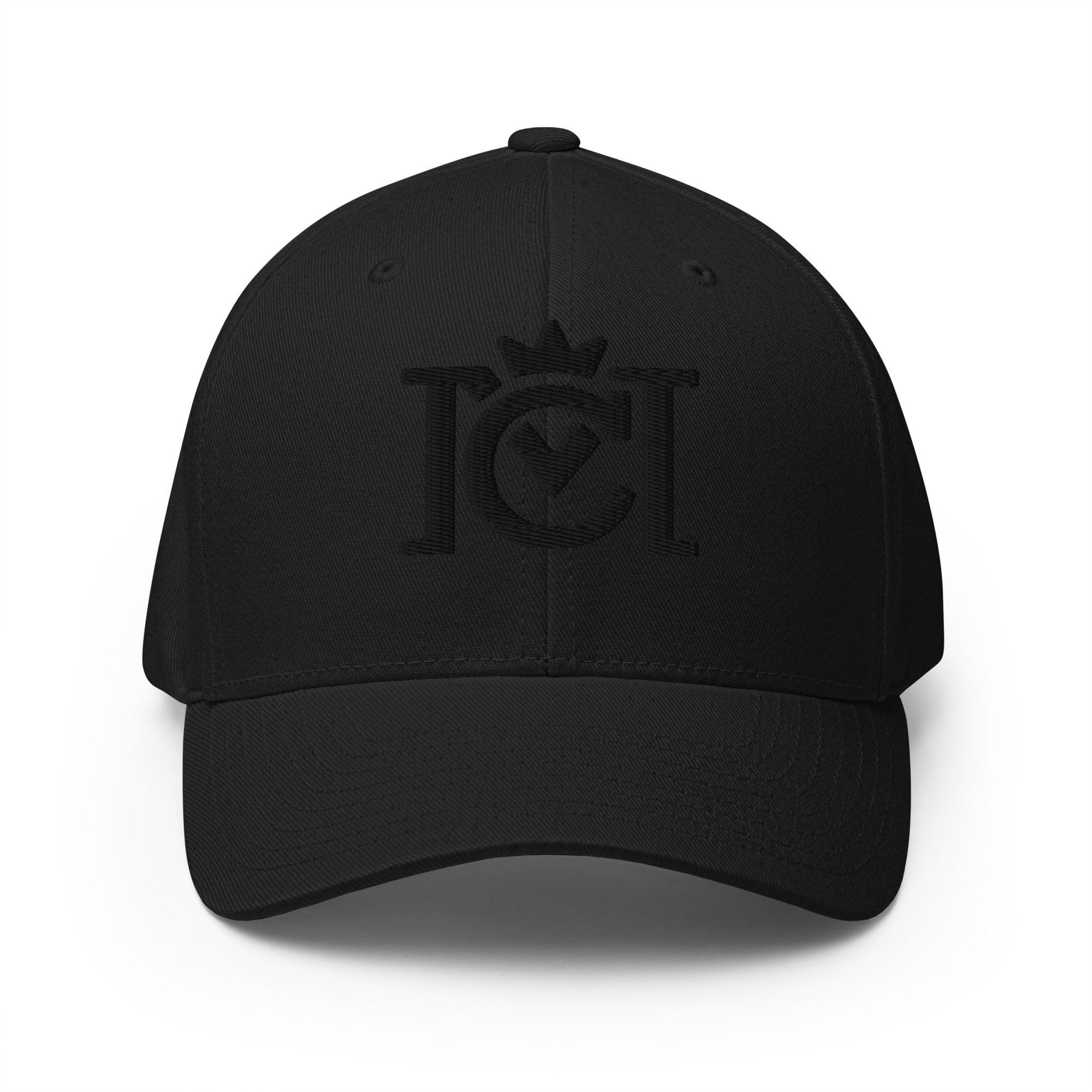 Trademarked crown moto logo embroidered in 3D puff style on front of flexfit hat 