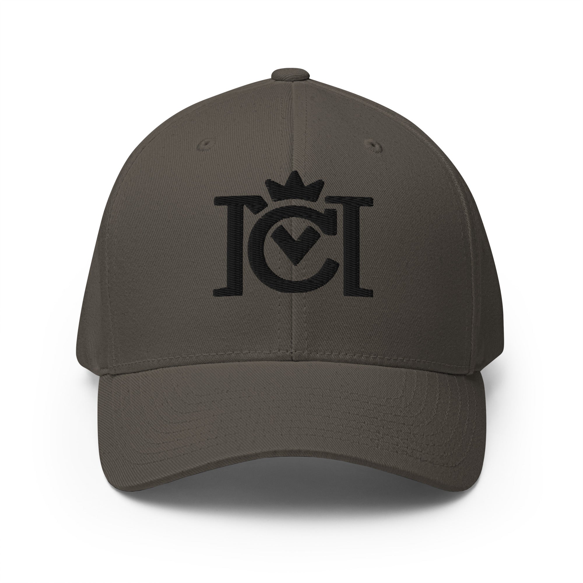 Trademarked crown moto logo embroidered in 3D puff style on front of flexfit hat 