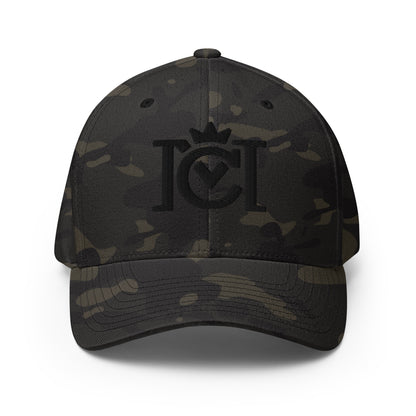 Trademarked crown moto logo embroidered in 3D puff style on front of flexfit hat 