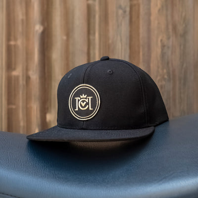 Crown Moto Gold Logo patch on black snapback hat, logo, motorcycle hats, motorcycle lifestyle, embroidered, premium quality, trademark