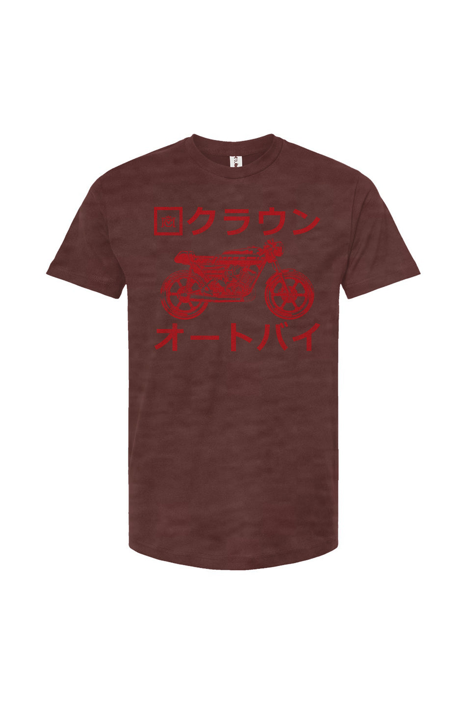 Crown Moto Japan design shirt with kanji text and vintage motorcycle on front of Tultex Unisex T-Shirt