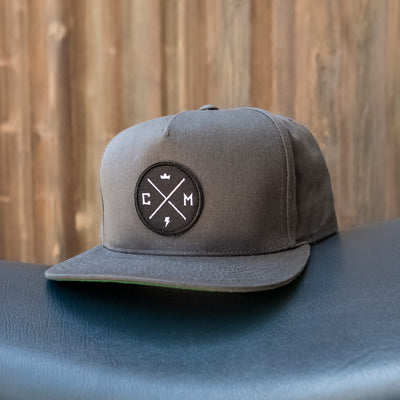 Crown Moto Legend patch on charcoal grey snapback hat, logo, motorcycle hats, motorcycle lifestyle, embroidered, premium quality, gray, original