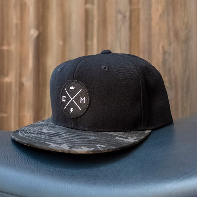 Crown Moto Legend patch on black snapback hat with digital camouflage bill, logo, motorcycle hats, motorcycle lifestyle, embroidered, premium quality