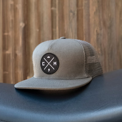 Crown Moto Legend patch on grey snapback trucker hat, logo, motorcycle hats, motorcycle lifestyle, embroidered, premium quality, crown, lightning bolt