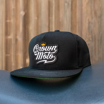 Crown Moto Script Logo patch on black snapback hat, logo, motorcycle hats, motorcycle lifestyle, embroidered, premium quality