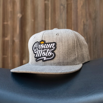 Crown Moto Script Logo patch on grey wool blend snapback hat, logo, motorcycle hats, motorcycle lifestyle, embroidered, premium quality