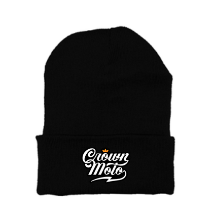 Crown Moto Script Logo patch sewn on front cuff of knit beanie