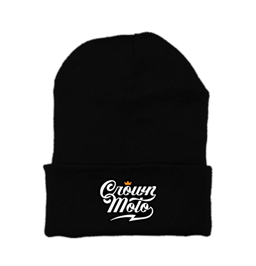 Crown Moto Script Logo patch sewn on front cuff of knit beanie