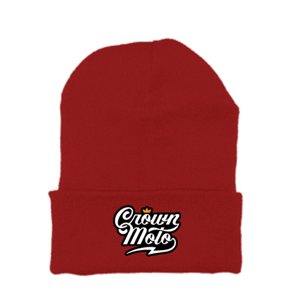 Crown Moto Script Logo patch sewn on front cuff of knit beanie