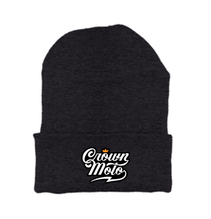 Crown Moto Script Logo patch sewn on front cuff of knit beanie