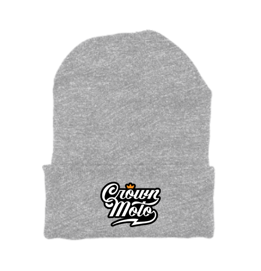 Crown Moto Script Logo patch sewn on front cuff of knit beanie