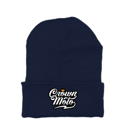 Crown Moto Script Logo patch sewn on front cuff of knit beanie