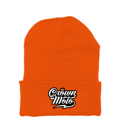 Crown Moto Script Logo patch sewn on front cuff of knit beanie