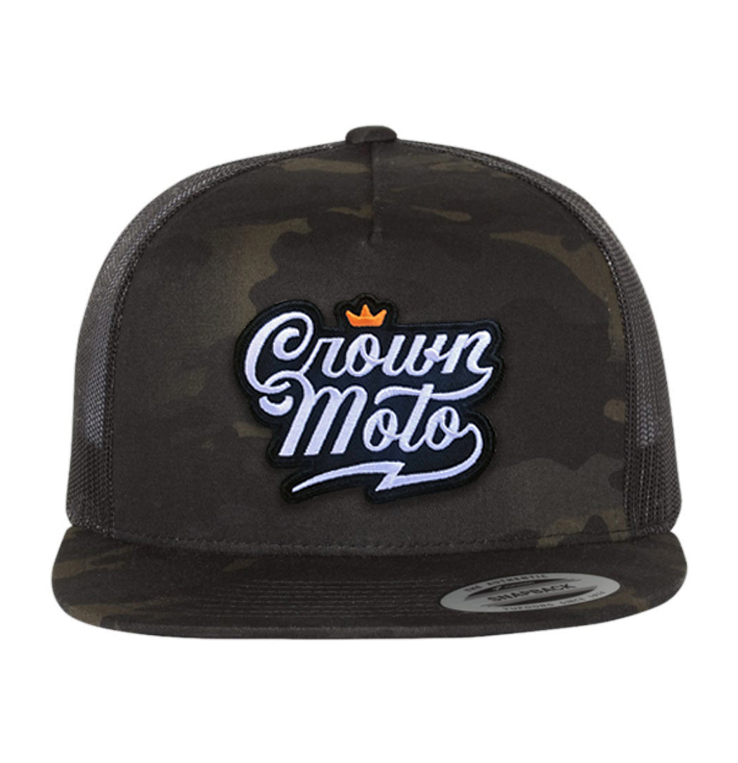 crown moto script logo patch on black multicam camouflage trucker hat, motorcycle hats, brand, logo, trademark, harley davidson riders, motorcycle lifestyle, ride, motorcycle riders