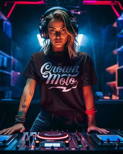 ai image of an attractive woman dj wearing a Crown Moto script logo t-shirt