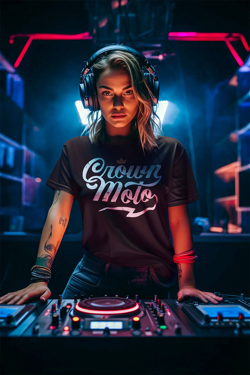 ai image of an attractive woman dj wearing a Crown Moto script logo t-shirt