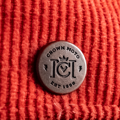 crown moto rivet logo on back of all garage sale hats fulfilled by crown moto, metal, bronze, nickel, premium hats