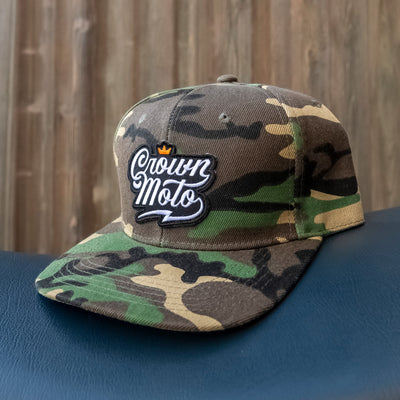 crown moto script patch heavy duty acrylic flat brim snapback hat, sf bay area, embroidered patch, riveted, metal rivet, crown moto , logo, branded, motorcycles, cars, riders, motorcycle lifestyle, moto hats, motorcycle hats