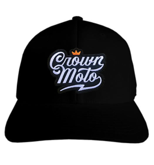 "Crown Moto" script logo patch on snapback hat