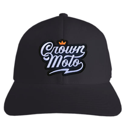 "Crown Moto" script logo patch on snapback hat