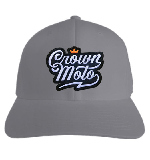 "Crown Moto" script logo patch on snapback hat