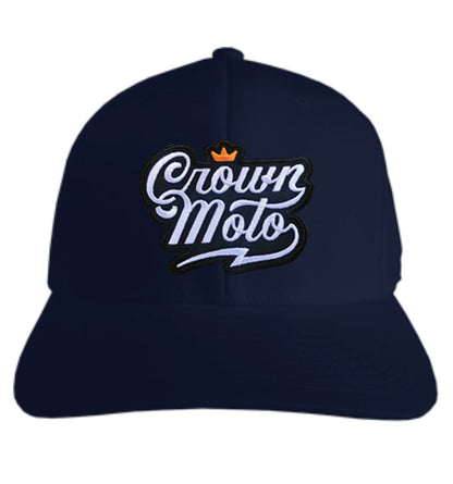 "Crown Moto" script logo patch on snapback hat