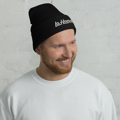Man wearing La Honda California embroidered beanie