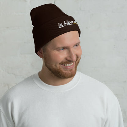 Man wearing La Honda California embroidered beanie