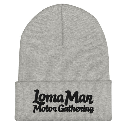 Grey knit beanie with "Loma Mar Motor Gathering" embroidered on cuff of beanie