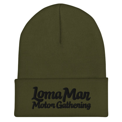 "Loma Mar Motor Gathering" embroidered on cuff of green knit beanie