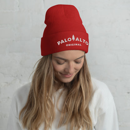 Woman wearing red Palo Alto Original fine ribbed knit beanie