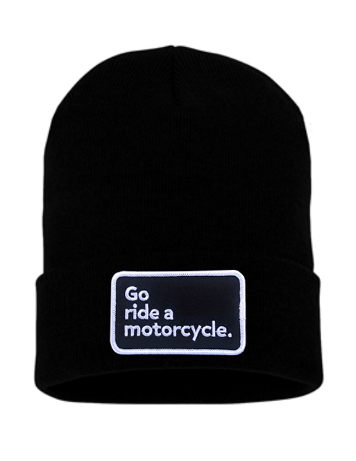 Original "Go ride a motorcycle" patch sewn on front cuff of knit beanie