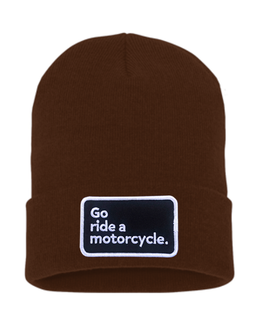 Original "Go ride a motorcycle" patch sewn on front cuff of knit beanie