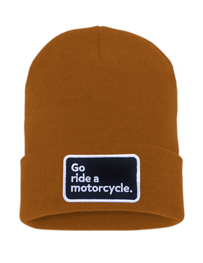 Original "Go ride a motorcycle" patch sewn on front cuff of knit beanie