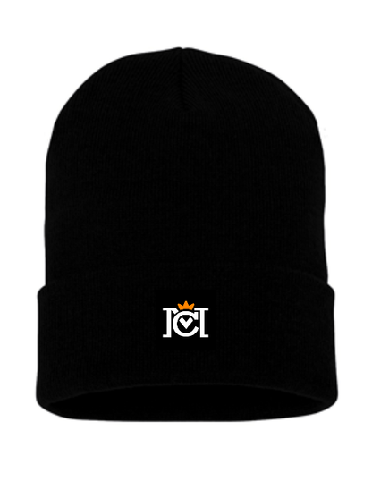 knit beanie with woven crown moto logo label sewn to the front cuff