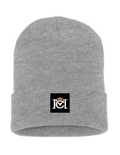 knit beanie with woven crown moto logo label sewn to the front cuff