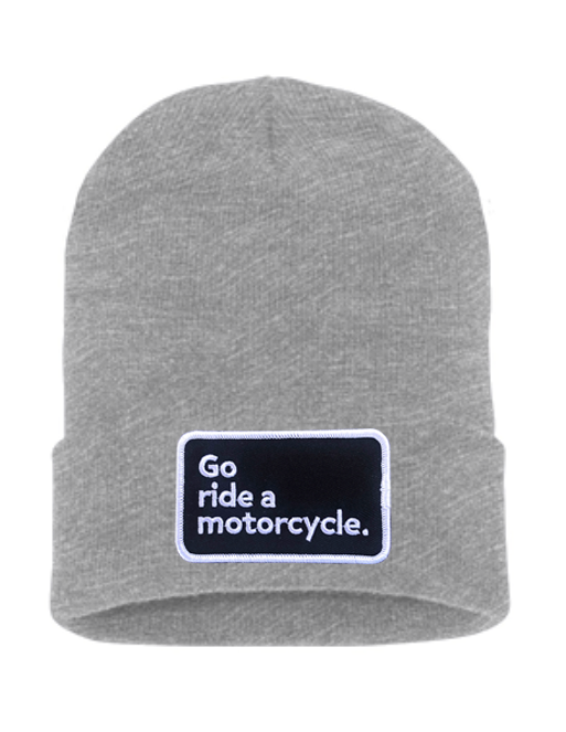 Original "Go ride a motorcycle" patch sewn on front cuff of knit beanie