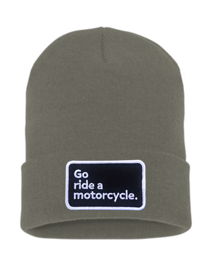 Original "Go ride a motorcycle" patch sewn on front cuff of knit beanie