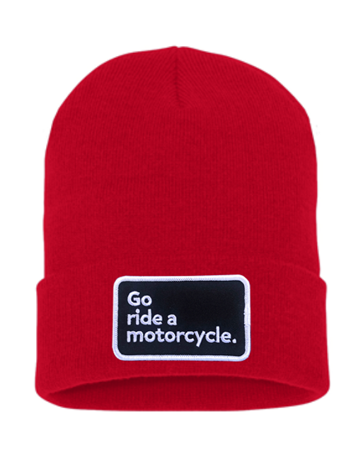 Original "Go ride a motorcycle" patch sewn on front cuff of knit beanie