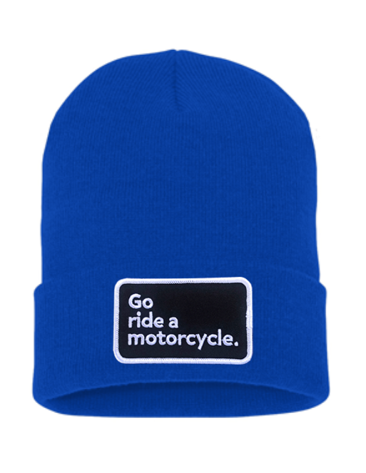 Original "Go ride a motorcycle" patch sewn on front cuff of knit beanie