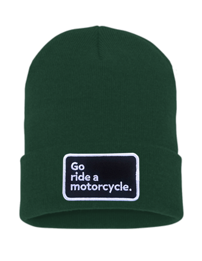 Original "Go ride a motorcycle" patch sewn on front cuff of knit beanie