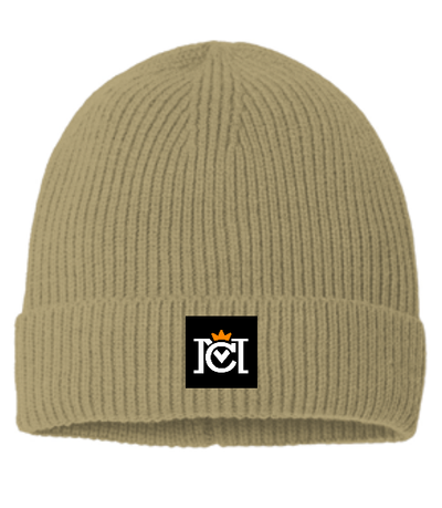 ribbed beanie with woven crown moto logo label sewn to the front cuff