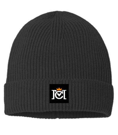 ribbed beanie with woven crown moto logo label sewn to the front cuff