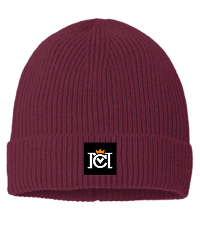 ribbed beanie with woven crown moto logo label sewn to the front cuff