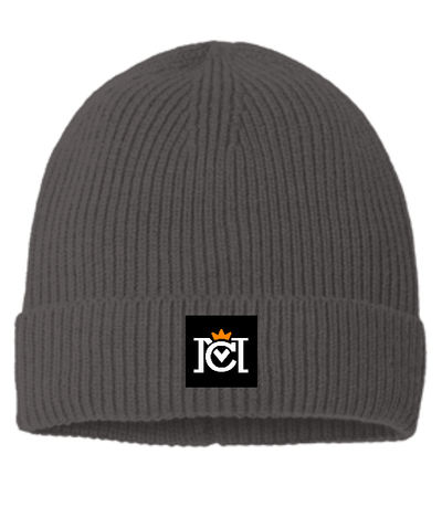 ribbed beanie with woven crown moto logo label sewn to the front cuff